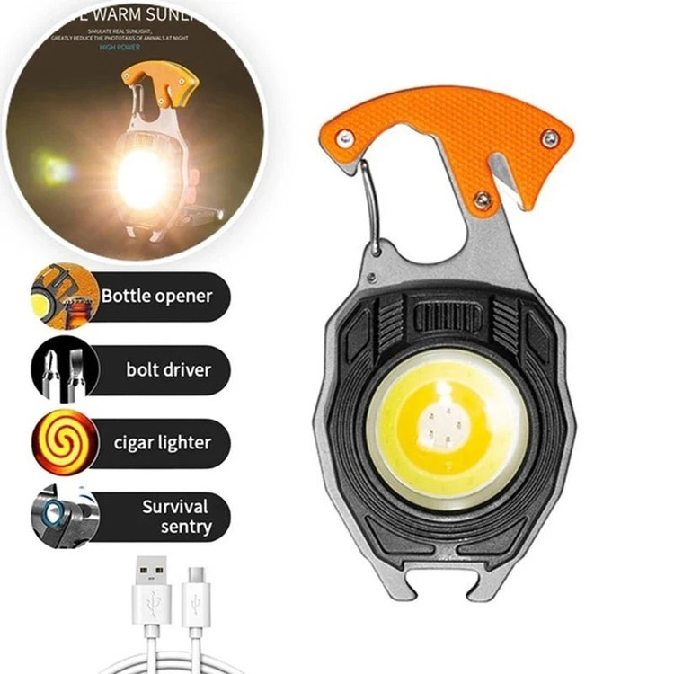 چراغ قوه LED دار کمپینگ قابل حمل، دارای چراغ اضطراری، جاکلیدی، COB پیچ گوشتی بطری بازکن و فندک