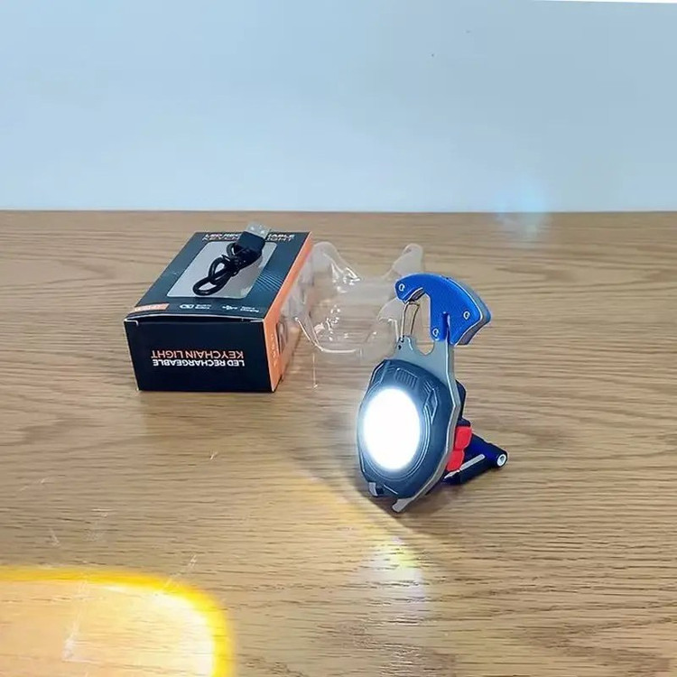 چراغ قوه LED دار کمپینگ قابل حمل، دارای چراغ اضطراری، جاکلیدی، COB پیچ گوشتی بطری بازکن و فندک